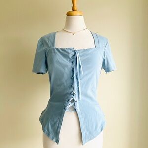 Boutique Lace-Up Square Neck Short Sleeve Top — Light Blue